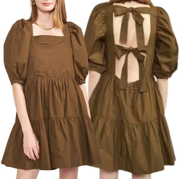 En Saison Dresses & Skirts - En Saison Gilda Tie-Back Poplin Mini Dress Women's Small Brown Tiered Boho NWT